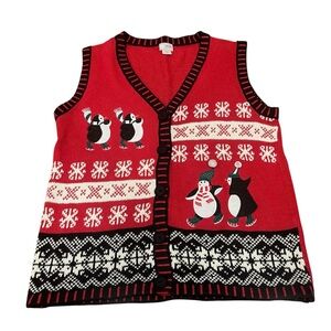 Holiday‎ Editions Sweater Vest Cardigan Red Holiday Party Snow Penguin Sz Small